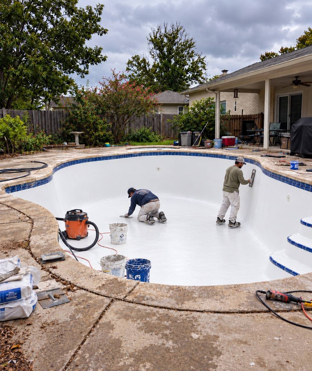 Fresh white plaster going on a freeform gunite pool