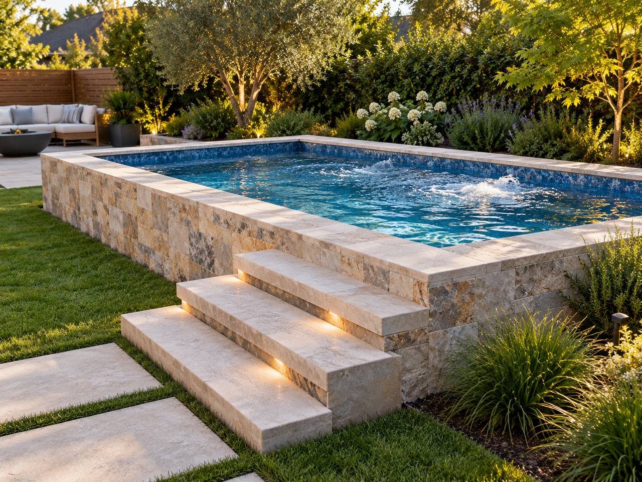 A raised plunge pool with lit stone steps