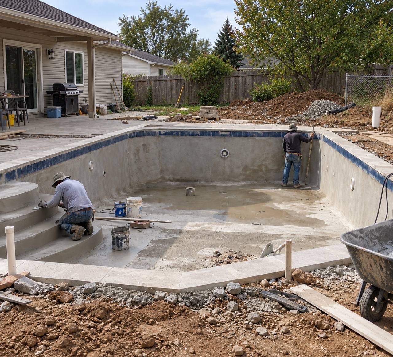 New waterline tile set while the pool shell is drained and prepped